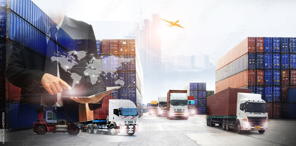 Double exposure of delivery industry and logistics concept container ...