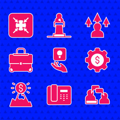 Wall Mural - Set Light bulb, Telephone 24 hours support, Two sitting men talking, Gear with dollar, Mountains flag, Briefcase, Front end development and Target icon. Vector