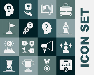 Poster - Set Key performance indicator, Front end development, Speaker, Reading book, Financial growth and dollar, Flag, Human with lamp bulb and Head question mark icon. Vector