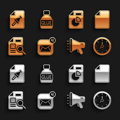 Poster - Set Envelope, File document, Clock, Megaphone, Document with graph chart, Note paper push button and Glue icon. Vector