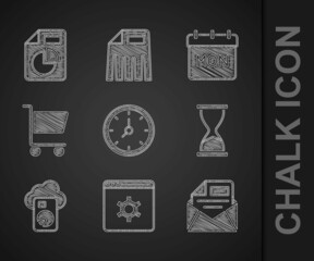 Poster - Set Clock, Browser setting, Mail and e-mail, Old hourglass, Cloud database, Shopping cart, Calendar and Document with graph chart icon. Vector