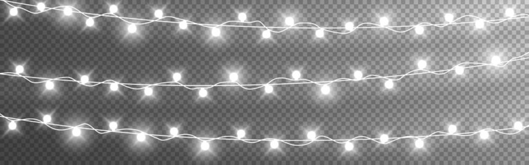 Wall Mural - Christmas lights string. Silver garlands on transparent background. Luminous light bulbs for poster. Realistic glowing elements for greeting card. Vector illustration