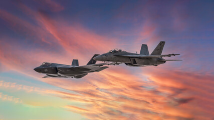 Navy jets flying over head a F-35A and FA-18A Super Hornet at Travis Air Base  