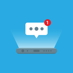 Poster - new message notification pop up above smartphone screen concept illustration flat design vector eps10. modern graphic element for landing page, empty state ui, infographic, icon