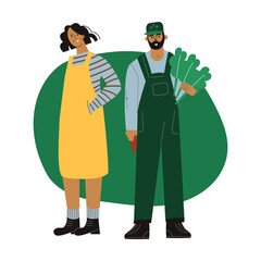 Farmers couple man and woman stands together with organic fresh green vegetables. Farm character gardening together. Countryside lifestyle, eco farm flat cartoon vector illustration, isolated white