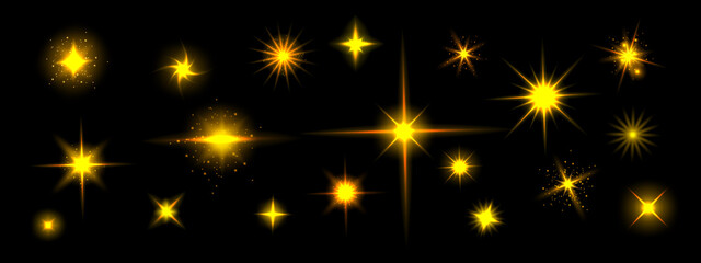 Poster - golden star shine effects, flash lights with sparkles and glow rays isolated on black background. ve