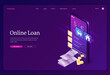 Online loan website. Mobile service for receive financial credit. Vector landing page of banking lending with isometric smartphone, money cash, icons of house and car on phone screen