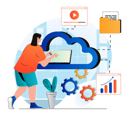Poster - Cloud computing concept in modern flat design. Woman works at laptop and uses cloud technologies to store and process data. Server connection, information transfer, tech support. Vector illustration