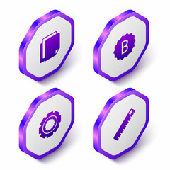 Canvas Print - Set Isometric File document, Exam paper with incorrect answers, Gear and Ruler icon. Purple hexagon button. Vector