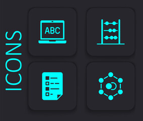 Set Molecule, Laptop, Abacus and Clipboard with checklist icon. Black square button. Vector