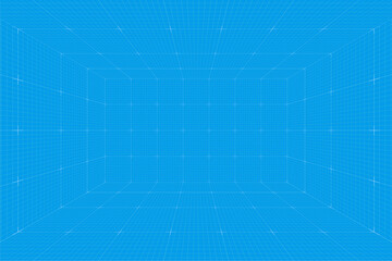 Grid perspective blueprint room. Wireframe millimeter paper background. Digital cyber box technology model. Vector blank architectural template