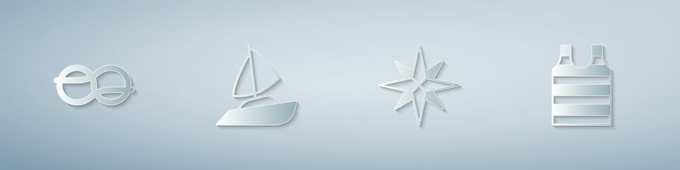Set Nautical rope knots, Yacht sailboat, Wind rose and Striped sailor t-shirt. Paper art style. Vector