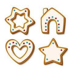 Wall Mural - Christmas gingerbread cookies. Festive glazed biscuits in shape of house and heart, star and snowflake. Cartoon Vector illustration