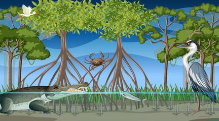 Poster - Animals live in mangrove forest at night scene