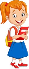 Poster - Cartoon school girl in uniform with book and backpack