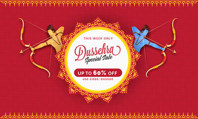 Wall Mural - UP TO 60% Off For Dussehra Sale Banner Design With Lord Rama And His Little Brother Lakshman Character.