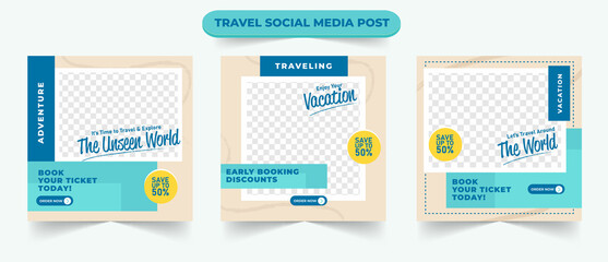 Wall Mural - set of adventure tourism holiday sale social media post template web ads banner flyer or poster for 