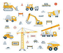 Set Construction Vehicle Isolated On White Background. Illustration With Yellow Cars Dump Truck, Building Crane, Road Roller. Kids Cars For Design Of Children's Rooms, Clothing, Textiles. Vector