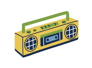 Poster - Retro tape recorder in 80s and 90s style. Cassette audio player with loudspeakers and handle. 1980s stereo boombox. Old-school equipment. Flat vector illustration isolated on white background