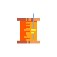 Thread Yellow Spool And Needle. Pixel Art Abstract Icon. Tailor Shop And Sewing Symbol. 8-bit. Isolated Vector Illustration.
