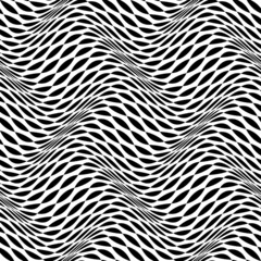 Sticker - Optical seamless pattern of black white warped ornament of simple shapes. Psychedelic wavy monochrome repeatable texture.