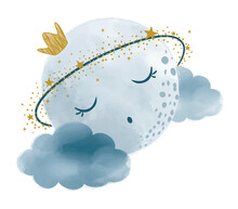 Vector Watercolor Hand Drawn Illustration Of A Cute Moon, Sleeping On The Clouds.