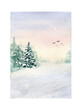 © Anna - Snowy winter forest illustration. Watercolor landscape with christmas trees, birds, snowdrifts in delicate colors for greeting cards and posters