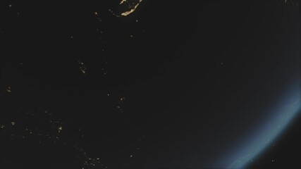 Poster - A cinematic rendering of planet Earth during sunrise as view from space with vibrant blue atmosphere and cloudy sky showing continents below