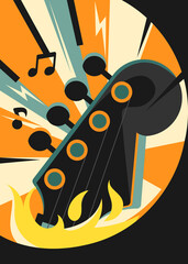 Rock music poster with guitar on fire. Placard design in flat style.