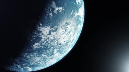 Poster - A cinematic rendering of planet Earth during sunrise as view from space with vibrant blue atmosphere and cloudy sky showing continents below