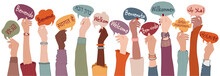 Raised Arms And Hands Of Multi-ethnic People From Different Nations And Continents Holding Speech Bubbles With Text -Welcome- In Various International Languages.Communication. Community