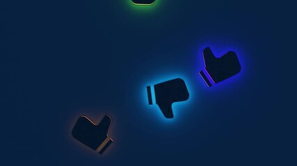 Aufkleber - Abstract neon silhouettes of thumbs up icons on a blue background. Design. Concept of online communication, like or dislike.