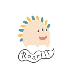 Wall Mural - Dino monster with three eyes. Says - a roar. Cute cartoon dinosaur character in simple hand drawn scandinavian style. Vector childish doodle illustration. Baby card, print for clothes.