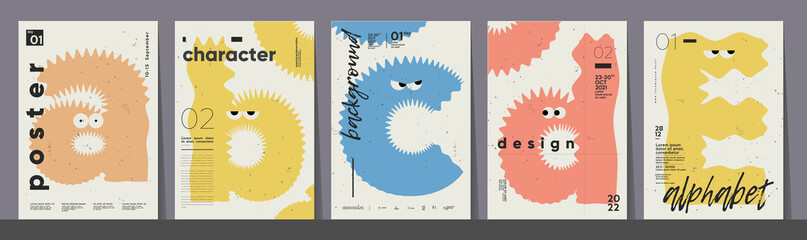 Poster layout design. Letters A,B,C,D,E. Alphabet. Cute monsters. Template poster, banner, flyer.
