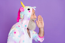 Profile Side View Portrait Of Attractive Cheery Man Wearing Pajama Saying News Isolated Over Violet Purple Color Background