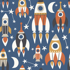 Wall Mural - Seamless repeat vector pattern with cute vintage rockets, stars and moon. Perfect for fabric or wrapping paper.