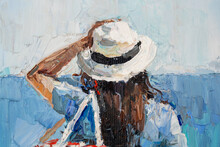 Beautiful Tanned Girl On A Beach Vacation On The Background Of The Sea. Dressed In Shorts And A White Hat. Oil Painting On Canvas.