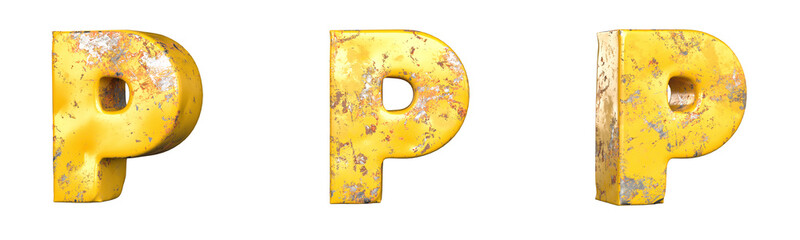 Fototapete - Letter P from alphabet set of metallic yellow grunge letters. Isolated. 3D Rendering