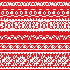 Wall Mural - Sami vector seamless pattern, Lapland folk art, traditional knitting and embroidery design in white on red background
 