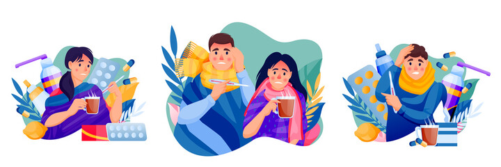 Vector illustration of flu sick people. Man, woman and family couple treats seasonal cold respiratory infection disease