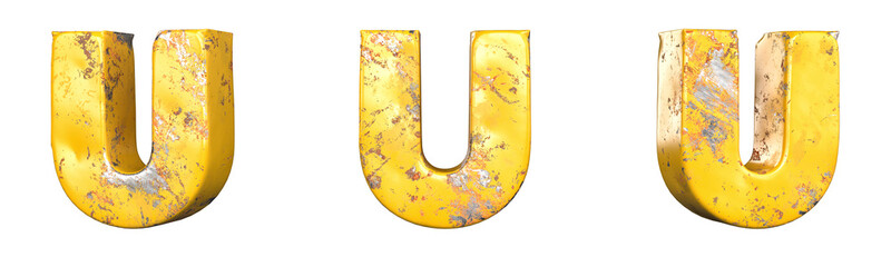 Fototapete - Letter U from alphabet set of metallic yellow grunge letters. Isolated. 3D Rendering