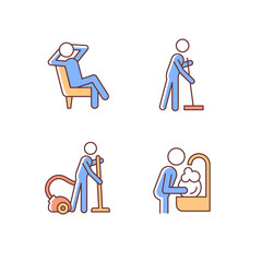 Sticker - Household chores RGB color icons set. Commonplace day-to-day human life. Housekeeping process. Cleaning procedures. Isolated vector illustrations. Simple filled line drawings collection