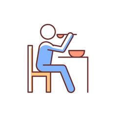 Sticker - Eat RGB color icon. Man having dinner. Food, meal preparation. Cooking at home. Eating dinner at table. Healthy eating habits. Isolated vector illustration. Simple filled line drawing