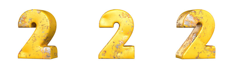 Fototapete - Number 2 (two) from a set of metallic yellow grunge numbers. Isolated. 3D Rendering