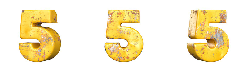 Fototapete - Number 5 (five) from a set of metallic yellow grunge numbers. Isolated. 3D Rendering