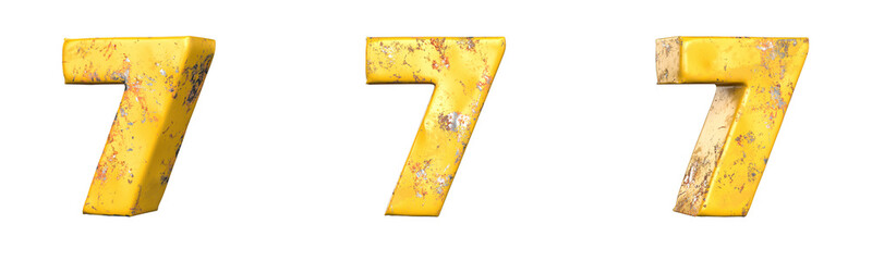 Fototapete - Number 7 (seven) from a set of metallic yellow grunge numbers. Isolated. 3D Rendering