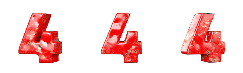 Fototapete - Number 4 (Four) from Red scratched metallic numbers collection set. Isolated. 3D Rendering