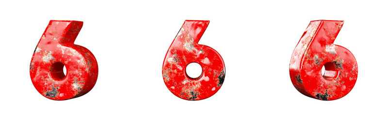Fototapete - Number 6 (Six) from Red scratched metallic numbers collection set. Isolated. 3D Rendering