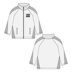 Two tone Grey, white long sleeve jacket with pocket, Zipper overall technical fashion flat sketch drawing clothing vector illustration template front, back views. Warm up Apparel sweat jacket mock up.