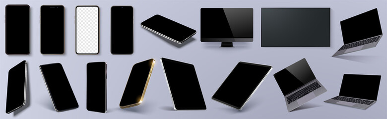 Aufkleber - Vector minimalistic 3d isometric illustration set device. Smartphone, laptop, tablet, tv perspective view. Side and top view. Mockup generic device. Axonometric view of the device. Vector illustration